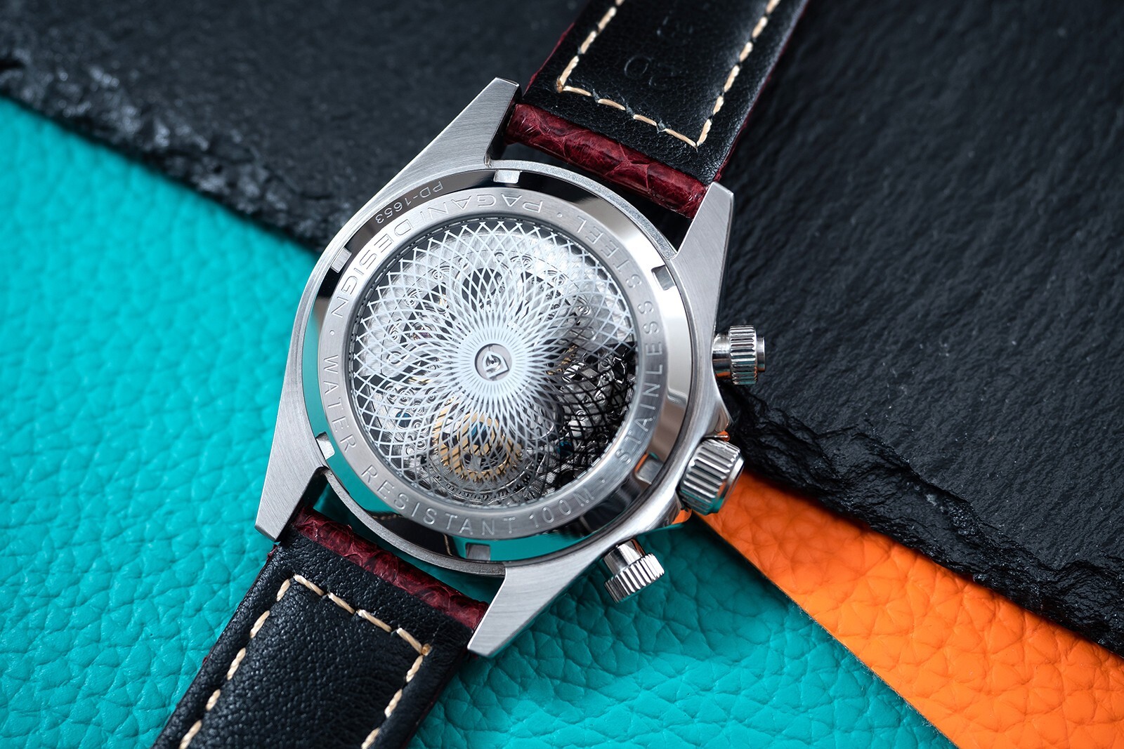 Pre-owned Pagani 40mm Automatic Mechanical Watch Silver Chrome Rainbow Brown Snake Skin Leather