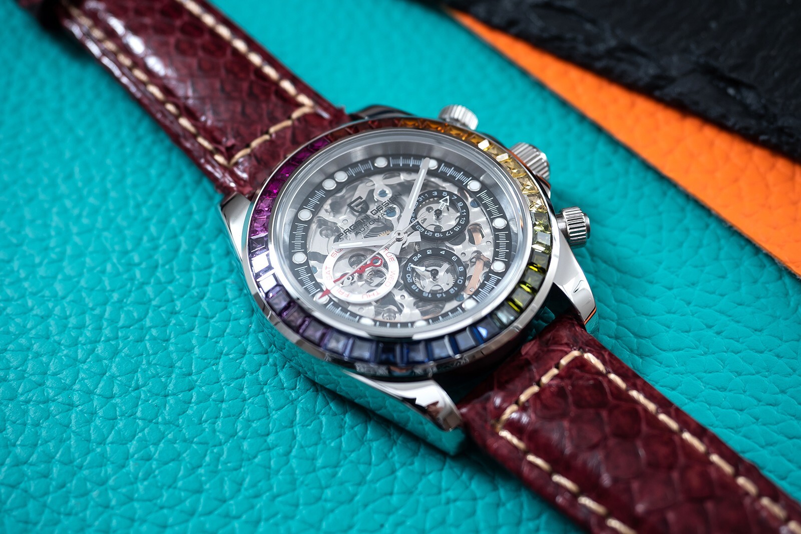 Pre-owned Pagani 40mm Automatic Mechanical Watch Silver Chrome Rainbow Brown Snake Skin Leather