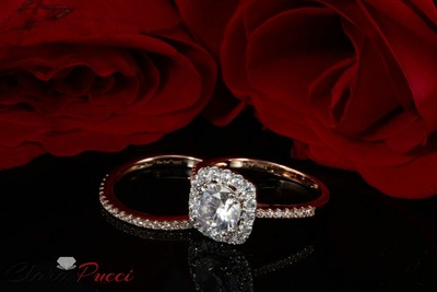 Pre-owned Pucci 2.10 Ct Round Halo Wedding Ring Band Set 14k Rose/white Gold Simulated Diamond In White/colorless