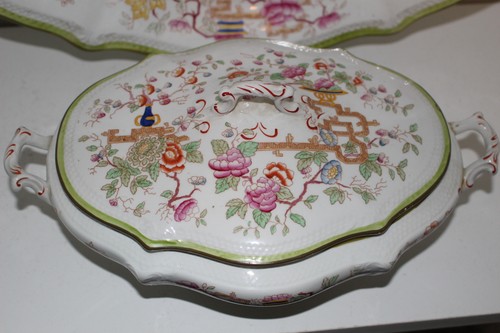 ANTIQUE W.H. GRINDLEY HAND PAINTED CHINESE/ASIAN MOTIF PLATTER & SERVING BOWL