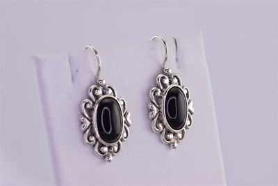 Sterling Silver 22mm x 15mm Scalloped Hearts Black Onyx 925 Hook Earrings