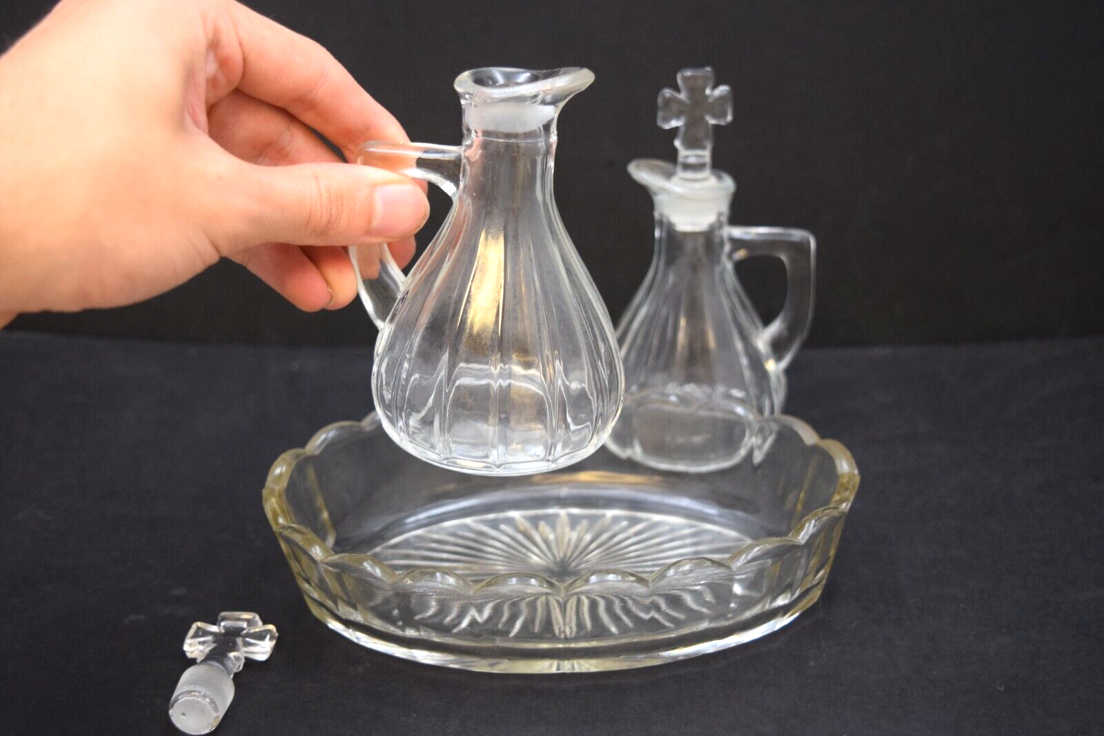 Older Glass Church Cruet Set, 2 Cruets with Tray, Antique (CU230) chalice co