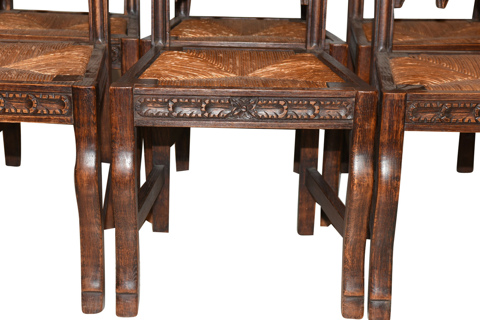Set of Eight Antique French Gothic Dining Chairs , Rush Seats, 1920's