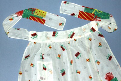 Vtg Half Apron Pocket Colorful Present Gift White Tie Back Cotton Organdy Xmas