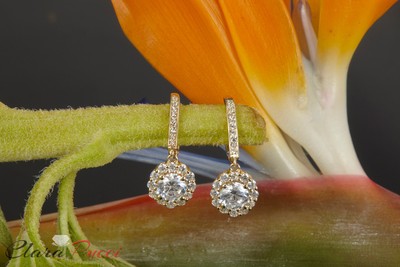 Pre-owned Pucci 3.35ct Round Simulated Diamond Halo Lever Back Drop Earrings 14k Yellow Gold