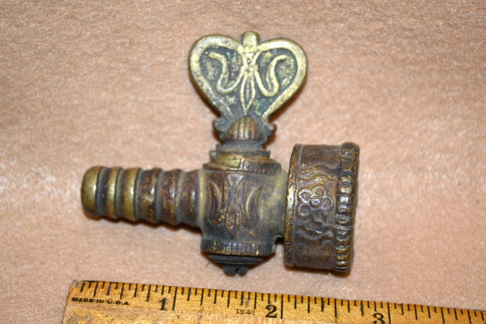 Antique Ornate Engraved Gas Shutoff Valve Nozzle for Light, Heat Register, Stove