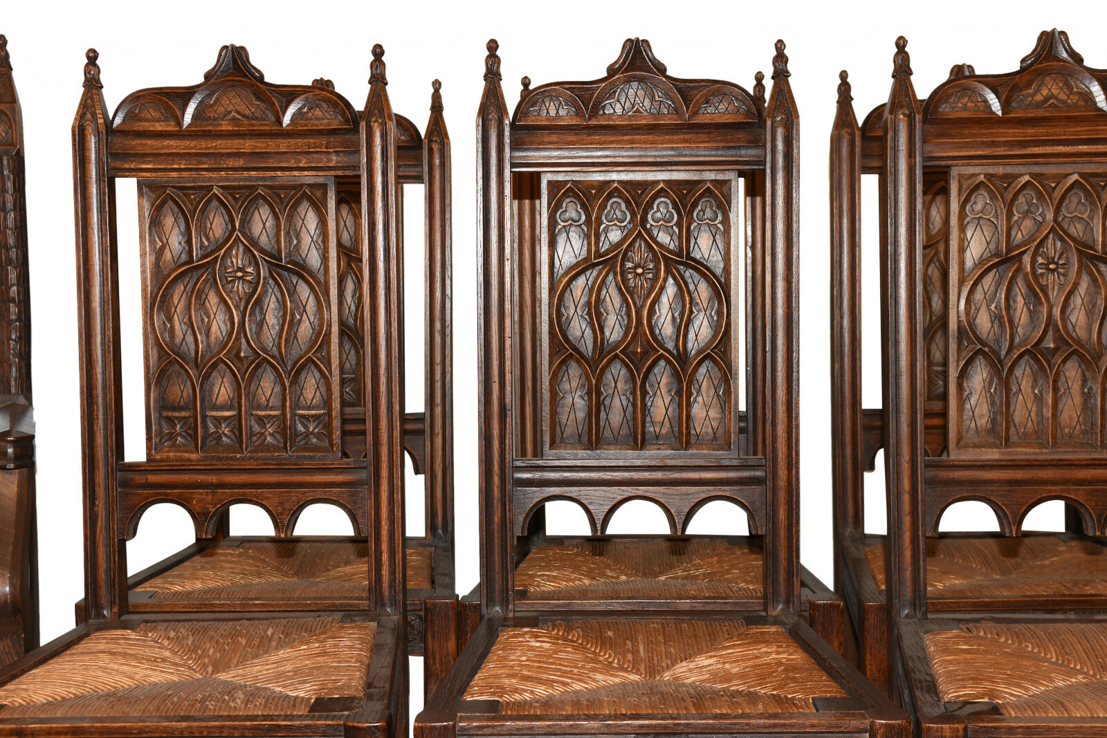 Set of Eight Antique French Gothic Dining Chairs , Rush Seats, 1920's