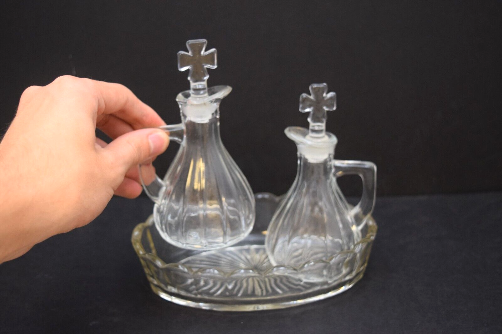 Older Glass Church Cruet Set, 2 Cruets with Tray, Antique (CU230) chalice co