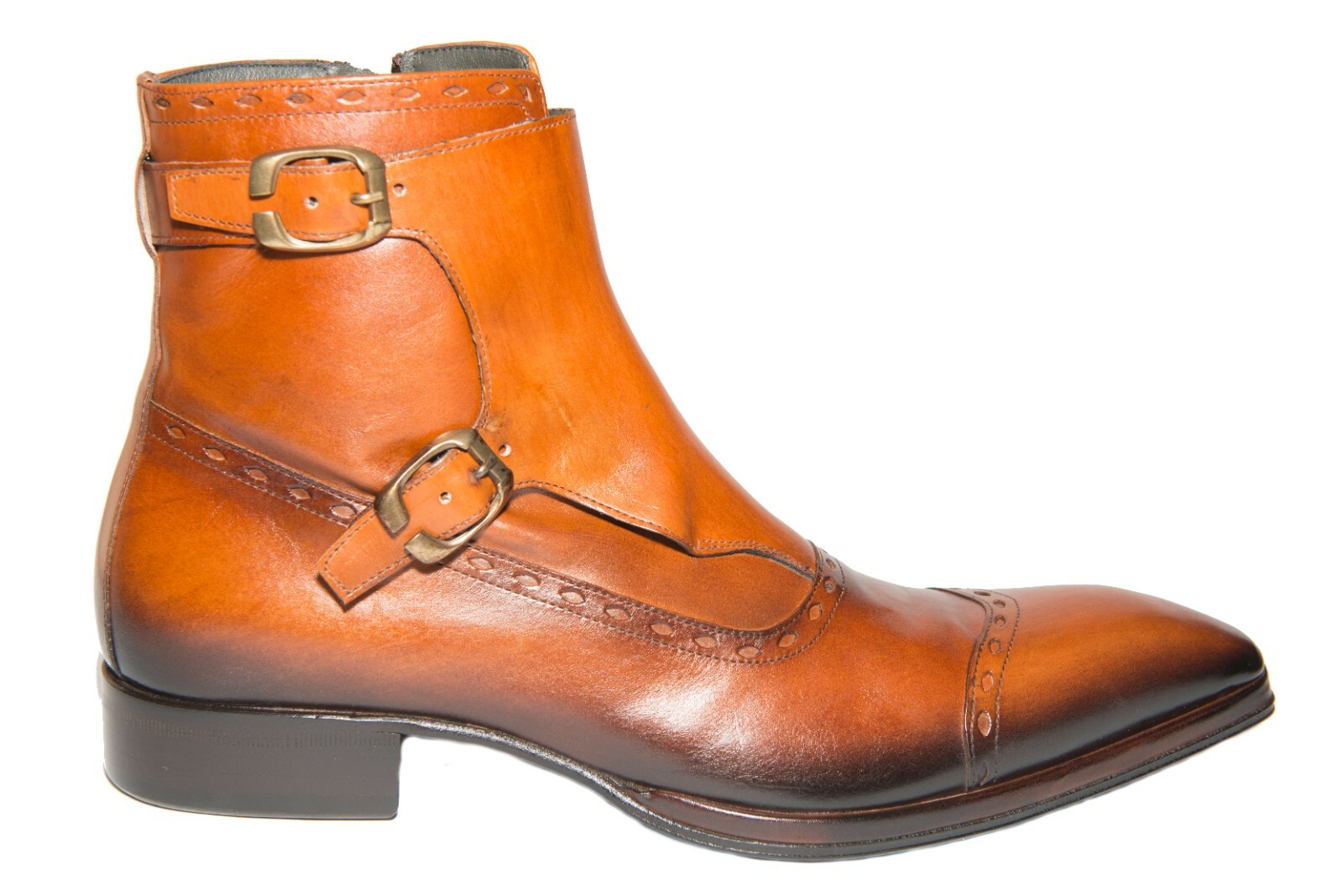 Pre-owned Jo Ghost 2312 Italian Cognac Leather Ankle Boots With Zipper & Buckles In Brown