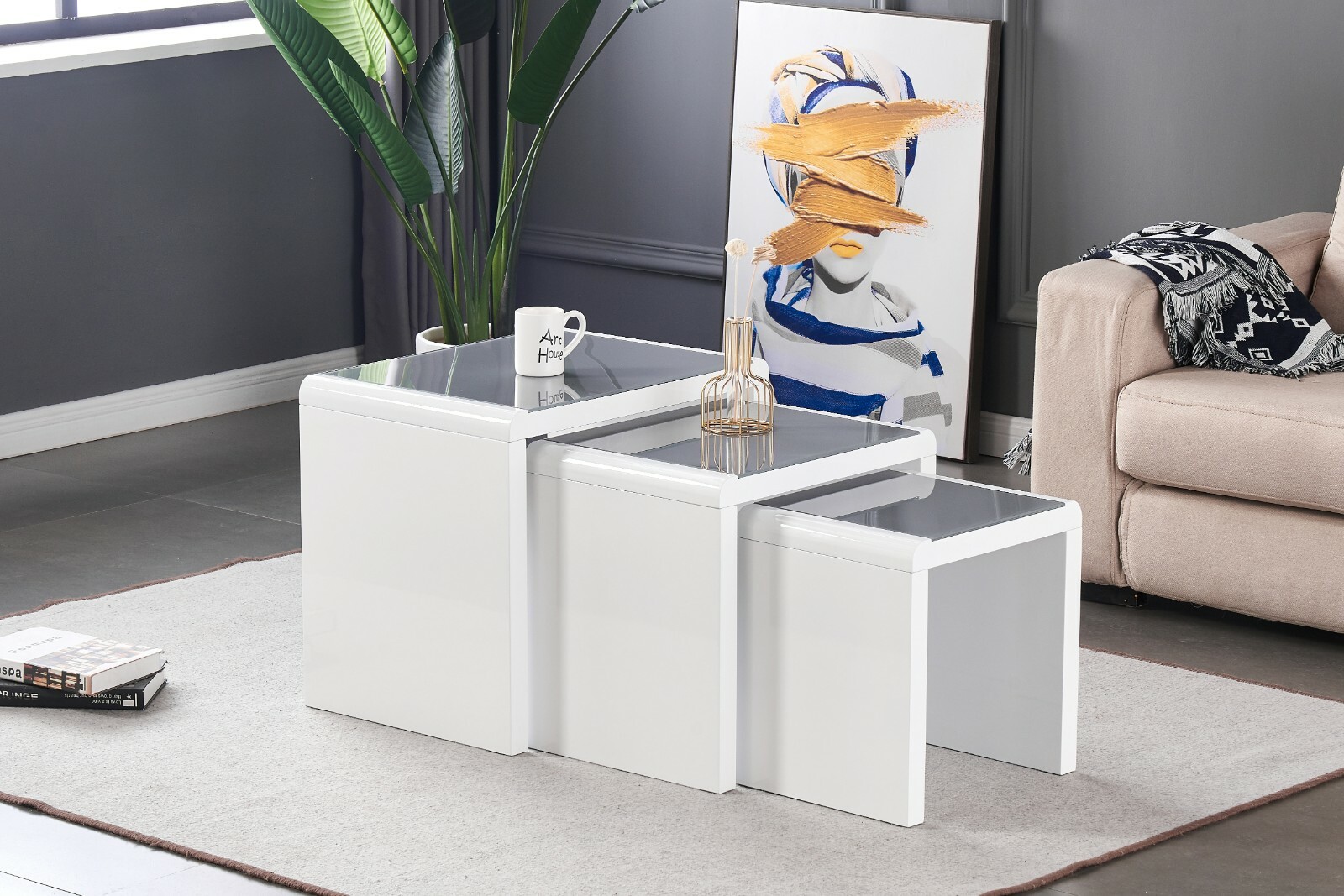 Nest of 3 Tables Grey Tempered Glass Top White High Gloss Side End