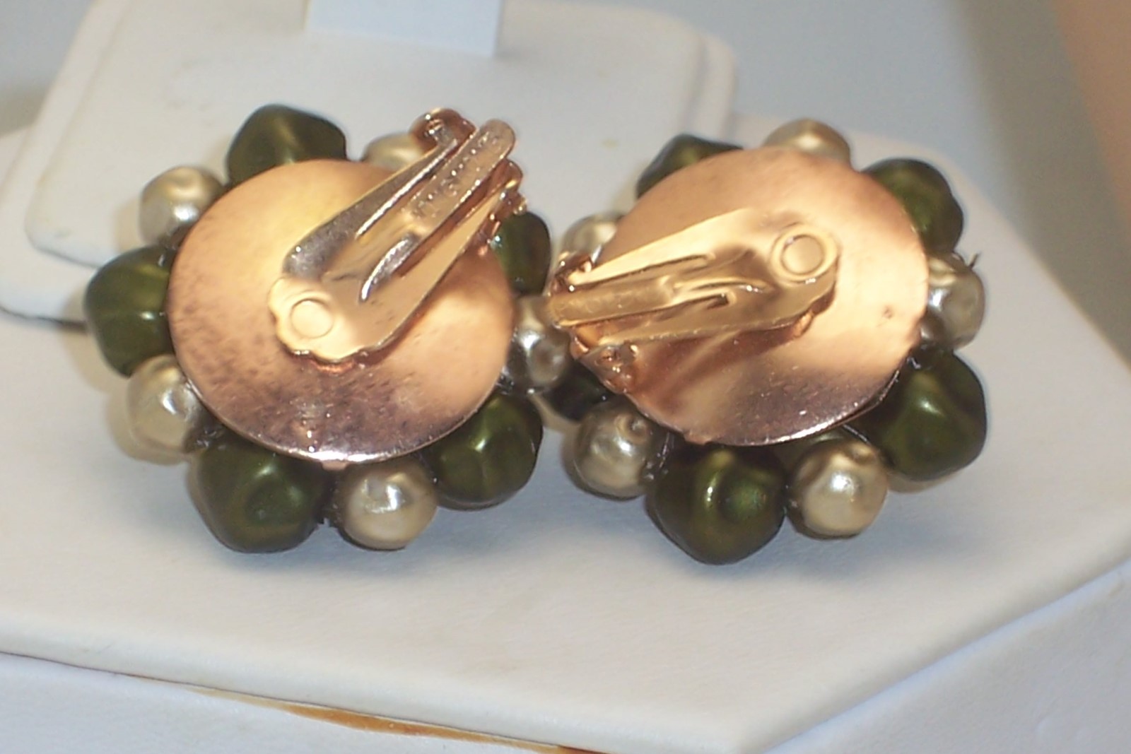 Vintage Shades of Olivine Green Plastic Bead Cluster Clip on Earrings