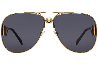 Pre-owned Versace Ve2255 1002/87 Sunglasses Gold/dark Grey Lenses Pilot Shape 63mm In Gray