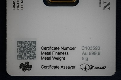 5 Gram Pamp Suisse .9999 Fine Gold Bar In Veriscan Assay - Lady Fortuna (#2)