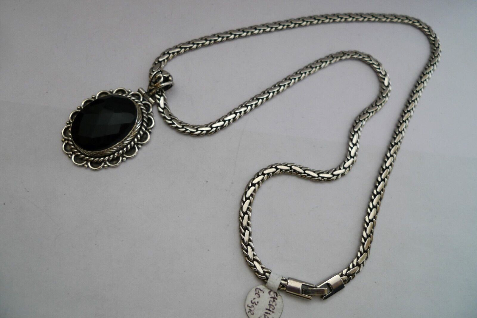 VINTAGE STERLING SILVER HEAVY BASKET WEAVE CHAIN AND ONYX