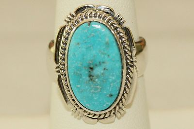 Signed Native American Navajo Made Sterling Silver Kingman Mine Turquoise Ring 