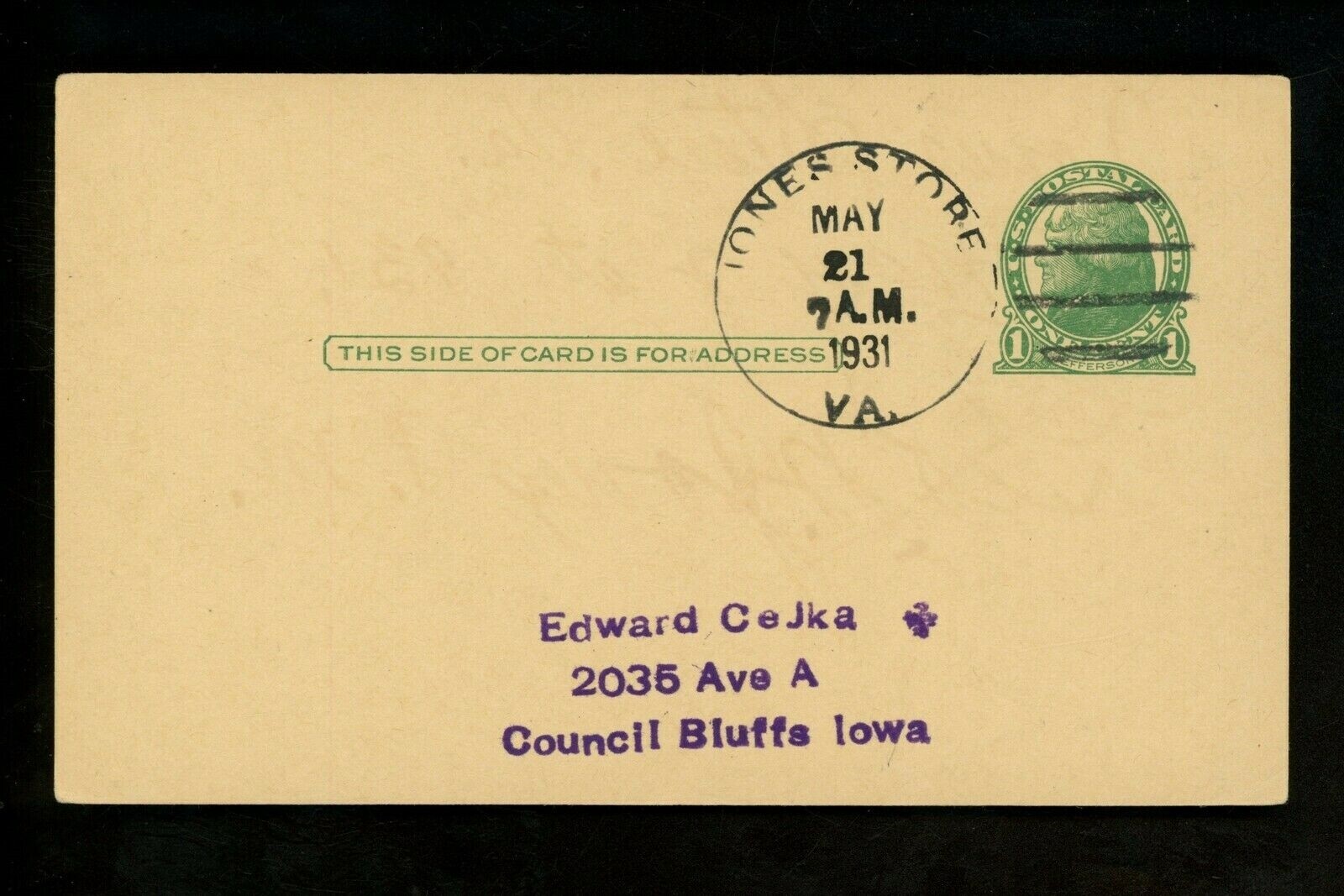 US Postal History # UX27 Card 1931 Jones Store VA to Council