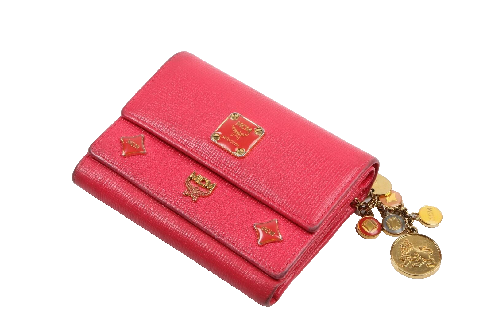 Vintage MCM Hot Pink Leather Tri Fold Chain Logo Wallet
