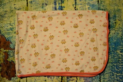 Rene Rofe Baby 100% Cotton Blanket 23'' x 33'' Lightweight White Pink Beige Owls