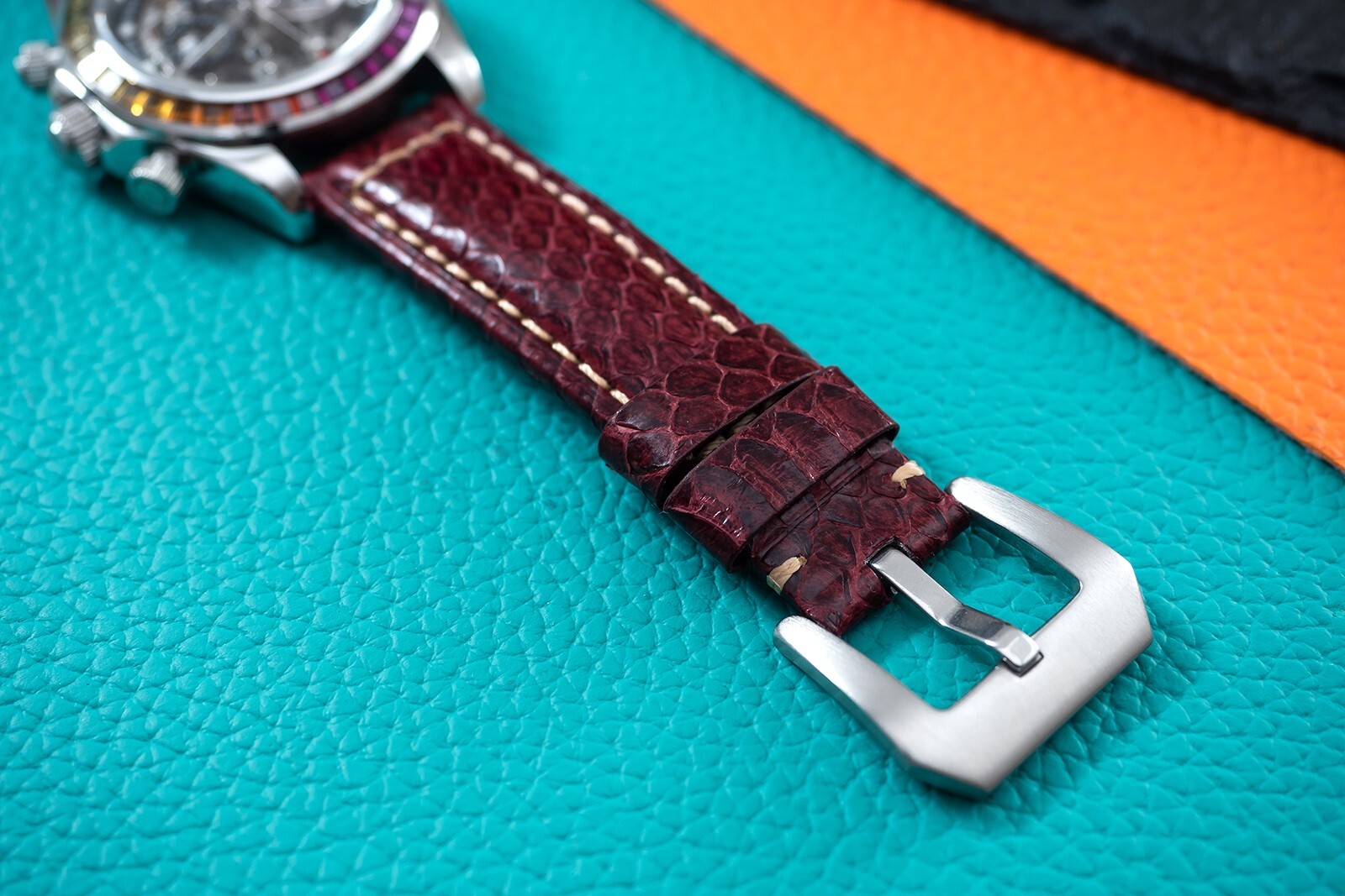 Pre-owned Pagani 40mm Automatic Mechanical Watch Silver Chrome Rainbow Brown Snake Skin Leather