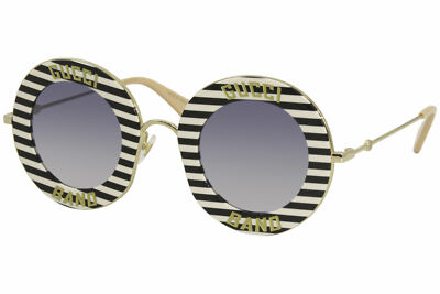 Pre-owned Gucci Gg0113s 008 Sunglasses Women's Black+white Striped-gold/blue Gradient Lens