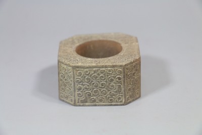 old Chinese Zhangou period white jade carved millet figure Octagon Cong pendant