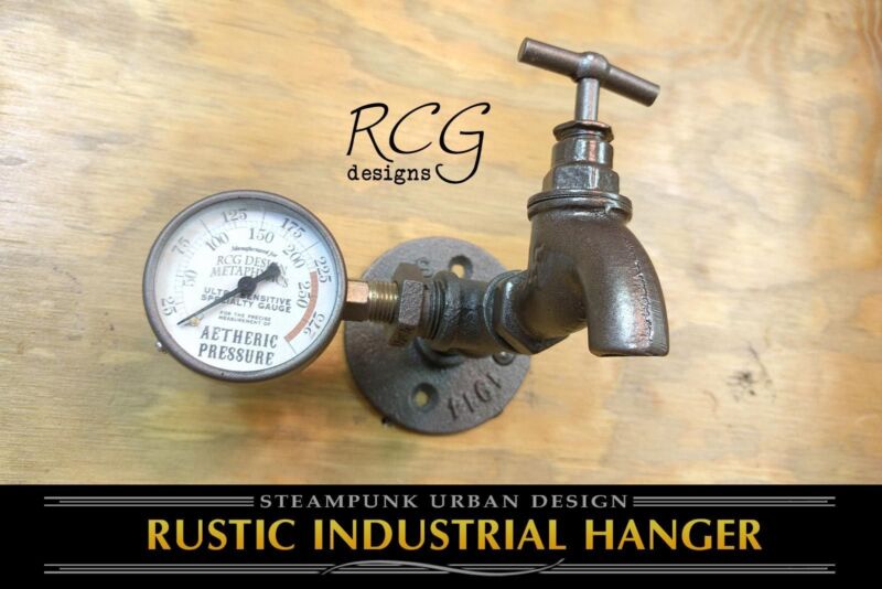 Steampunk Industrial Pipe Hook w/Faucet & Gauge urban rustic decor