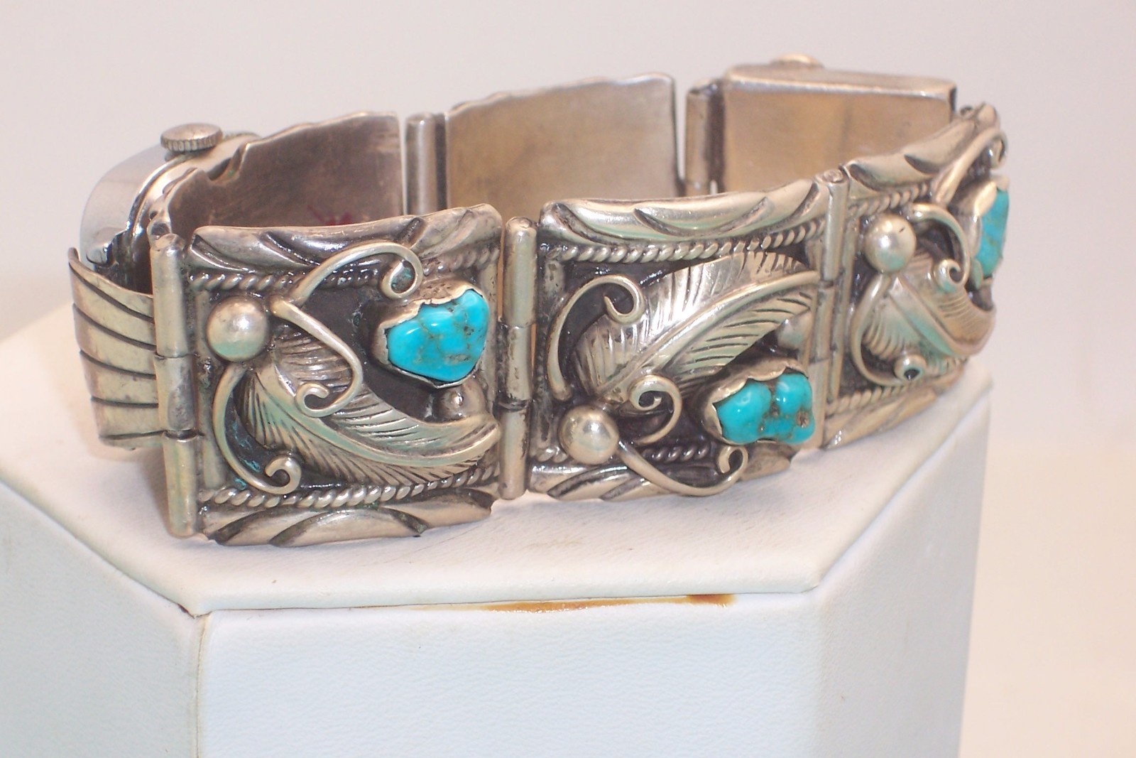Signed Dennis Smith Turquoise & Sterling Silver Bracelet Watch Band 98 gm