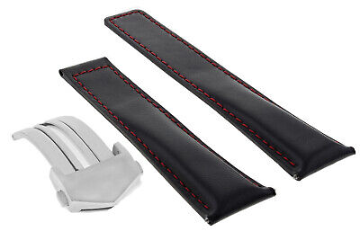 22MM LEATHER BAND STRAP FOR TAG HEUER MONACO CARRERA + CLASP BLACK RED STITCH TQ