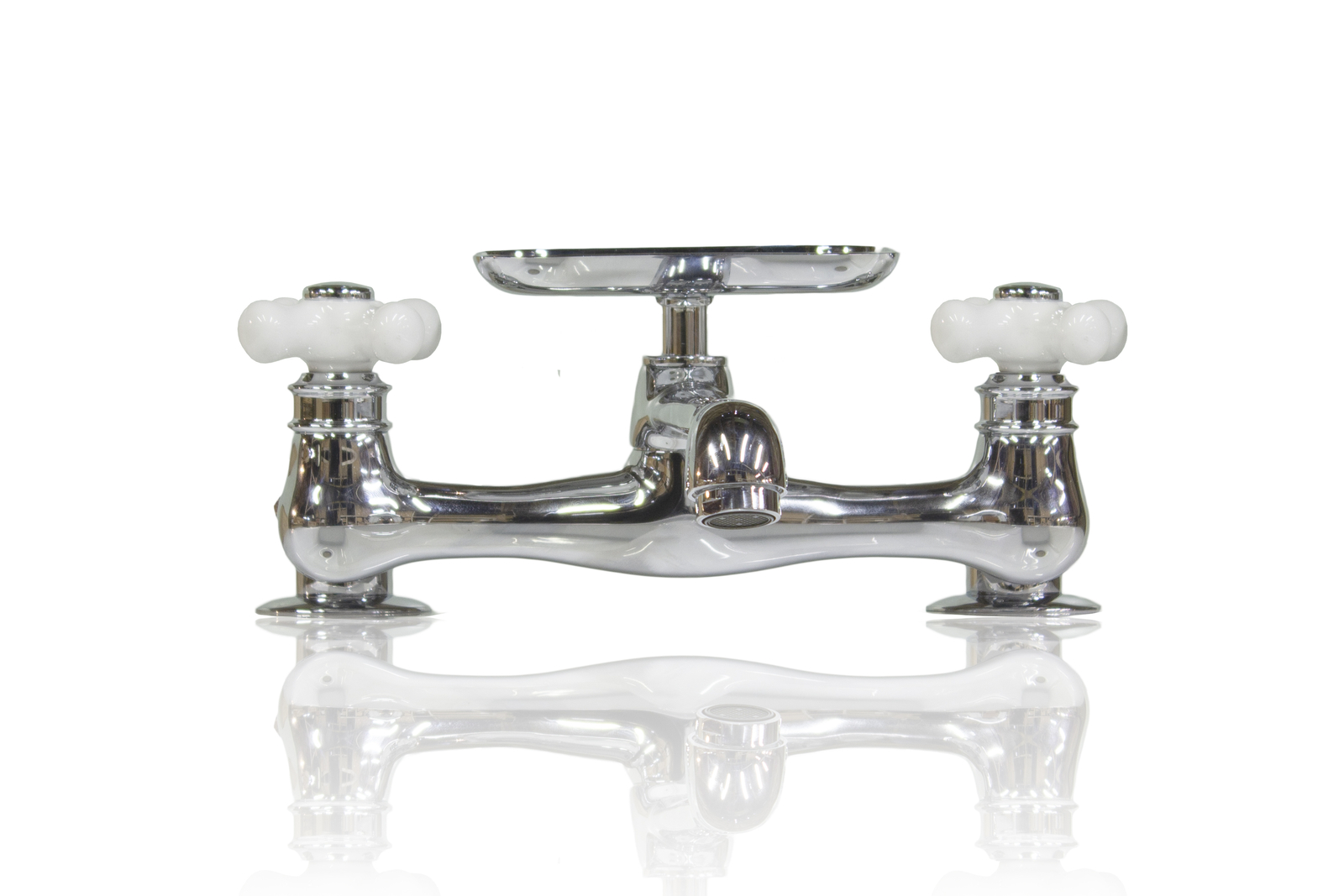 WatermarkFixtures Chrome Plated Brass Deck-Mount Bridge Faucet Porcelain Handles