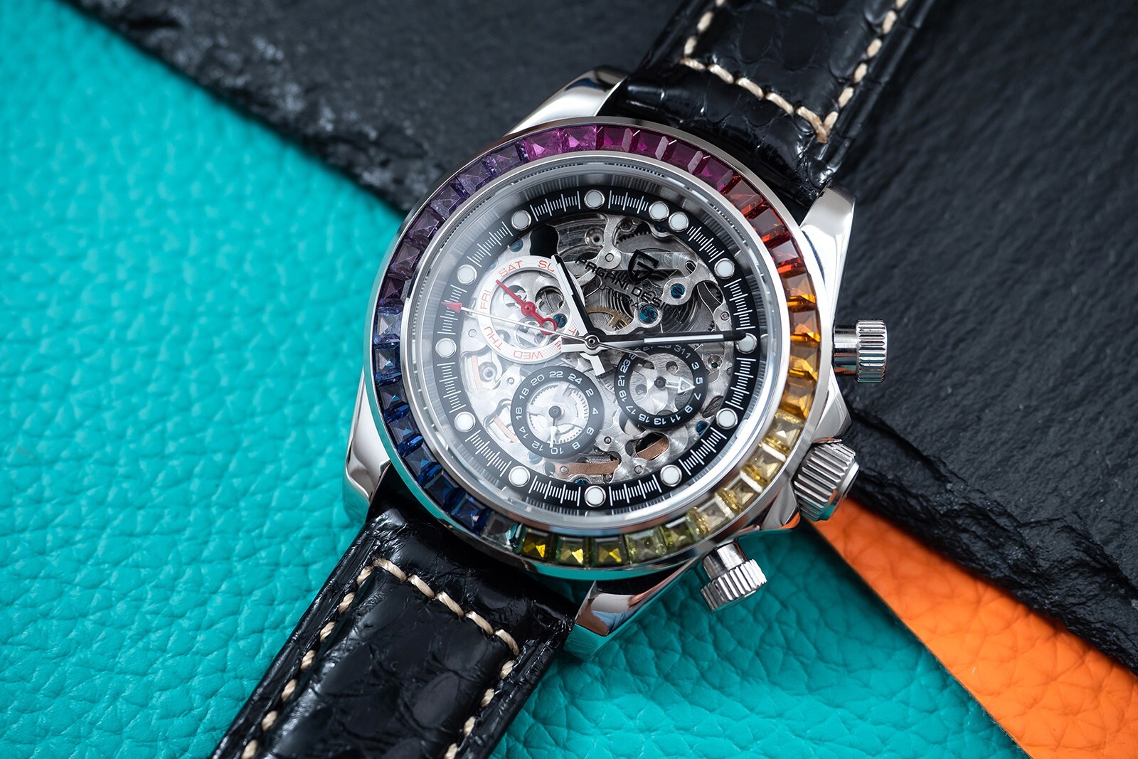 Pre-owned Pagani 40mm Automatic Mechanical Watch Silver Chrome Rainbow Black Snake Skin Leather