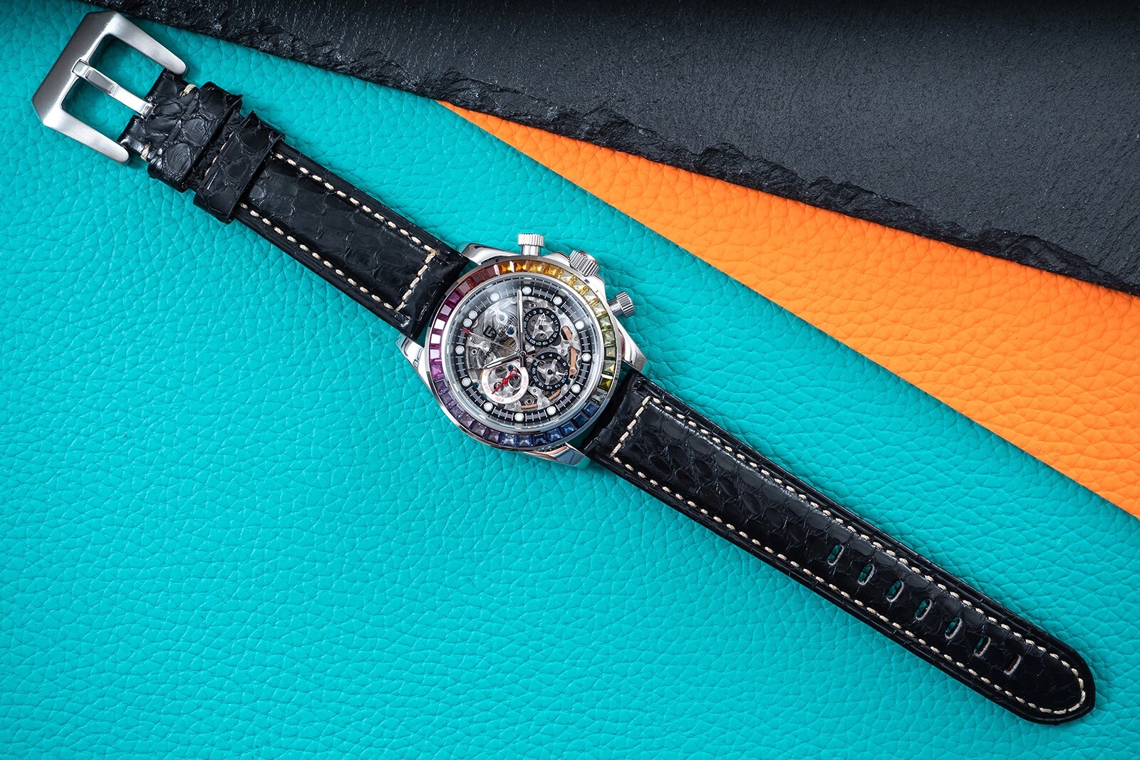 Pre-owned Pagani 40mm Automatic Mechanical Watch Silver Chrome Rainbow Black Snake Skin Leather