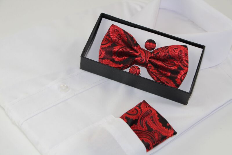 Mens Red Paisley Matching Bow Tie, Pocket Square & Cuff Links Set