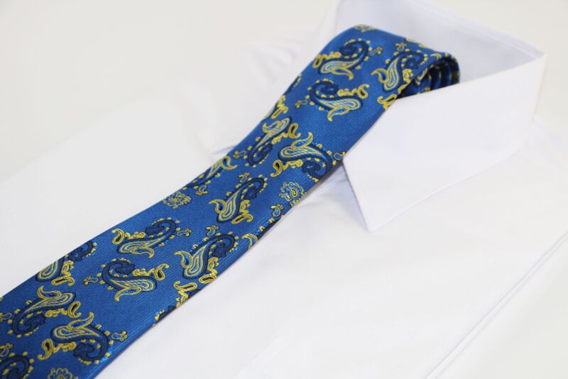 Mens Blue & Yellow Gold Paisley Patterned 8cm Neck Tie