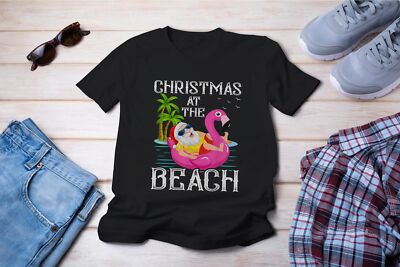 Funny Flamingo Float Santa Claus Christmas At The Beach T-Shirt