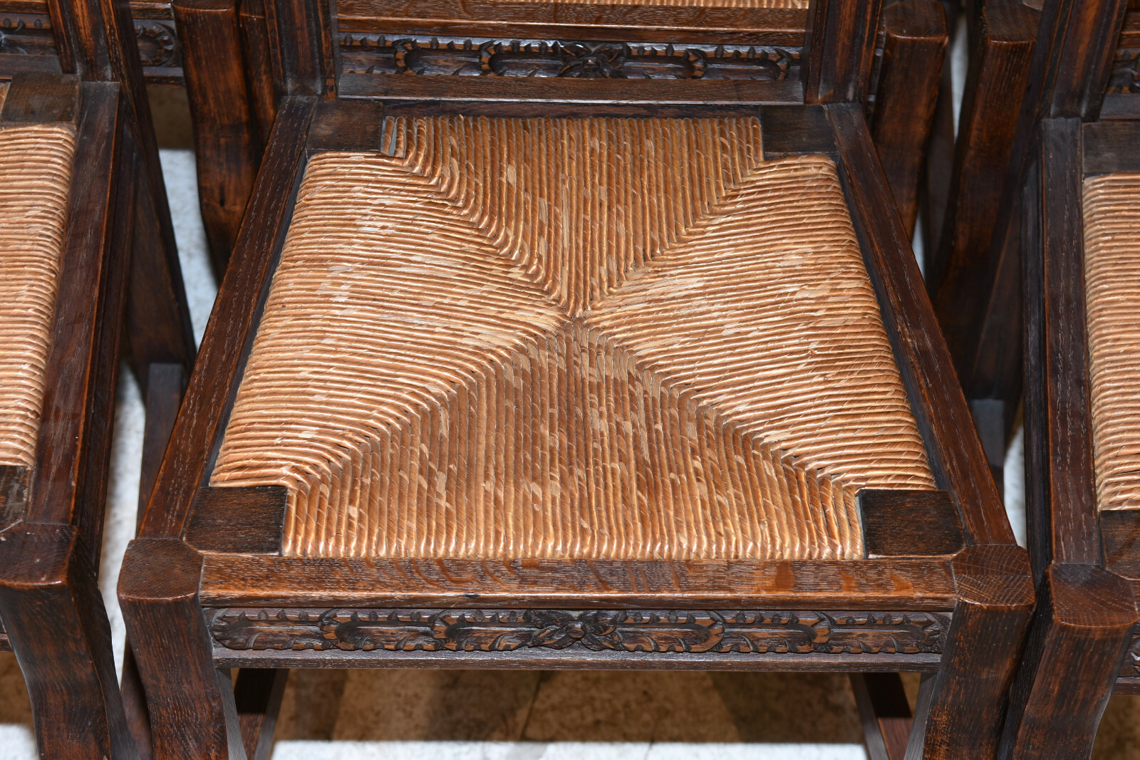 Set of Eight Antique French Gothic Dining Chairs , Rush Seats, 1920's