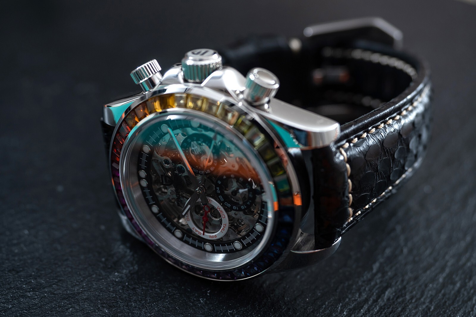 Pre-owned Pagani 40mm Automatic Mechanical Watch Silver Chrome Rainbow Black Snake Skin Leather