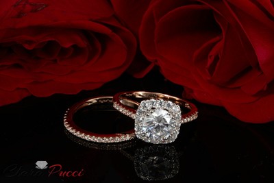 Pre-owned Pucci 2.10 Ct Round Halo Wedding Ring Band Set 14k Rose/white Gold Simulated Diamond In White/colorless