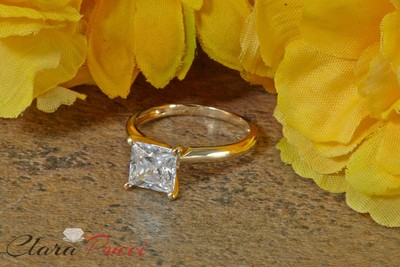 Pre-owned Pucci 3ct Princess Cut Classic Simulated Engagement Promise Ring 14k Yellow Solid Gold In White/colorless