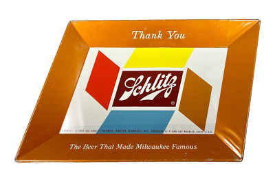Vintage 1955 Schlitz Beer Metal Tip Tray, Milwaukee WI ~ Slanted Rectangle Shape