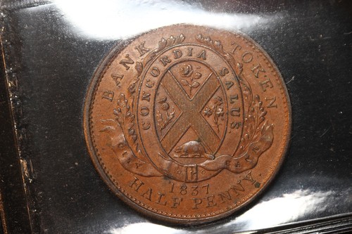 1837 Canada. Half Penny Token. ICCS Graded AU-55. CH# LC-8A2, Lower V. (XEQ715)