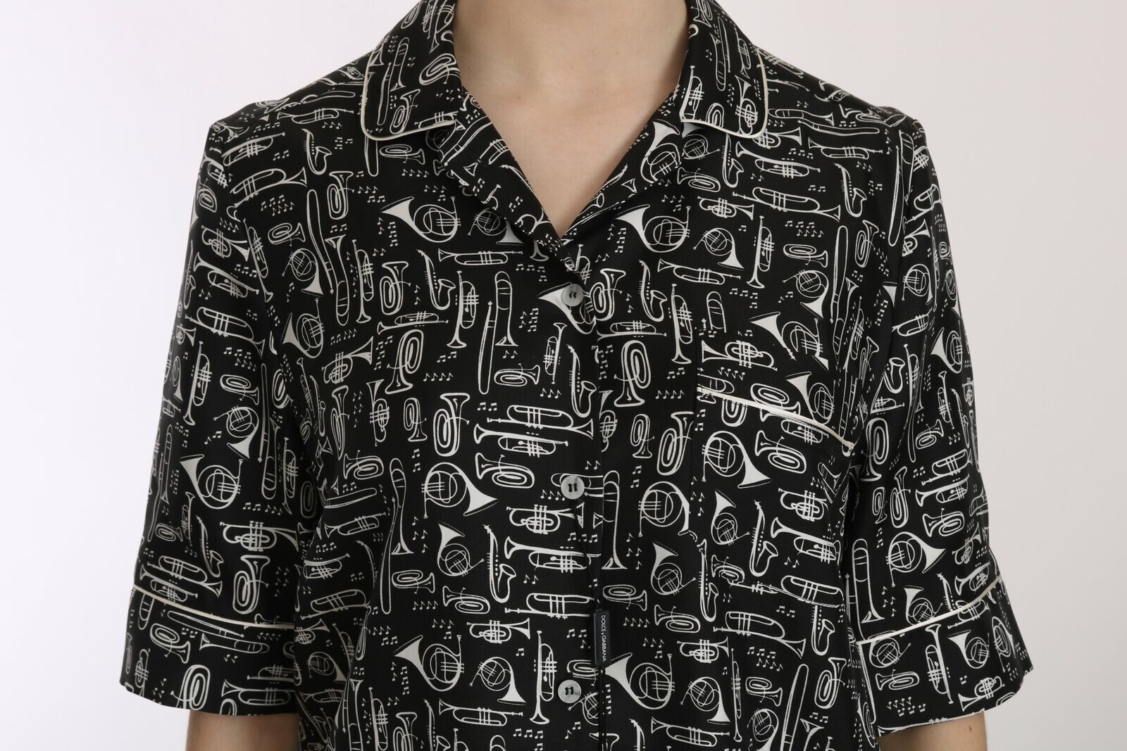 Pre-owned Dolce & Gabbana Blouse Black Musical Instrument Print Silk Top It38/us4/xs $980