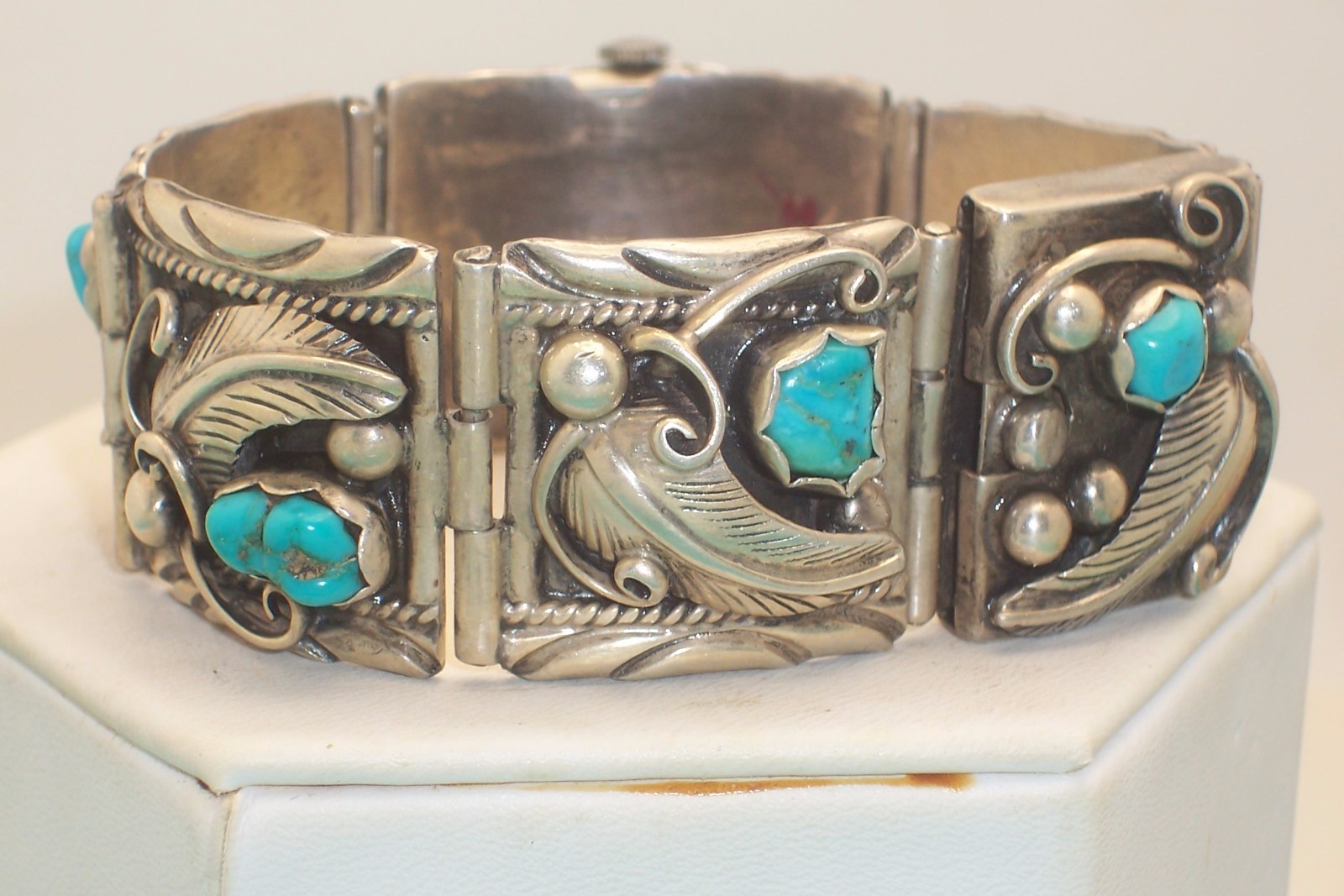 Signed Dennis Smith Turquoise & Sterling Silver Bracelet Watch Band 98 gm