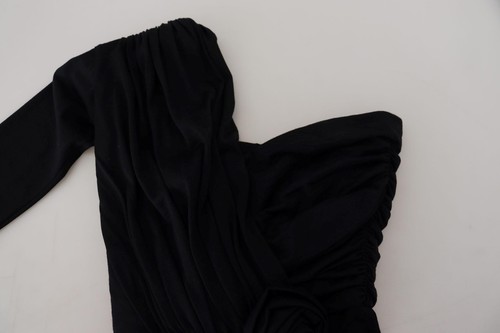 Pre-owned Dolce & Gabbana Dolce&gabbana Women Black Dress 100% Wool Solid One Shoulder Sheath Bodycon Wrap