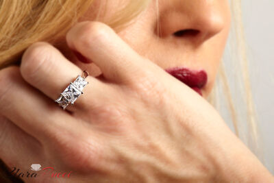 Pre-owned Pucci 3 Princess 3 Stone Lab Created Sapphire Bridal Statement Ring 14k White Gold