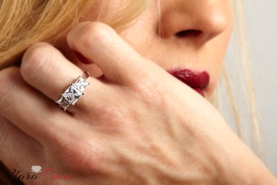 Pre-owned Pucci 3ct Princess Cut 3 Stone Moissanite Classic Bridal Statement Ring 14k White Gold In White/colorless