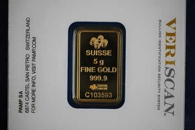 5 Gram Pamp Suisse .9999 Fine Gold Bar In Veriscan Assay - Lady Fortuna (#2)