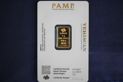 5 Gram Pamp Suisse .9999 Fine Gold Bar In Veriscan Assay - Lady Fortuna (#1)