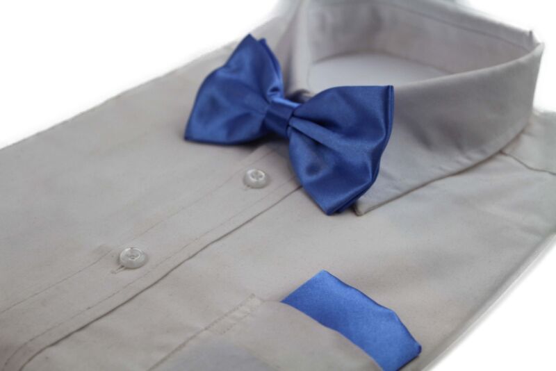 Mens Cornflower Blue Plain Bow Tie & Matching Pocket Square Set
