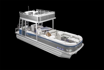 Swim roof pontoon boat with 250 hp four stroke Mercury and trailer.