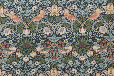 WILLIAM MORRIS CURTAIN FABRIC Strawberry Thief Velvet INDIGO/THYME 2.5 METRES